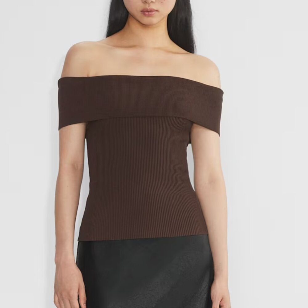Sculpt Knit Off-Shoulder Hi-Hip Top - Brown Aritzia